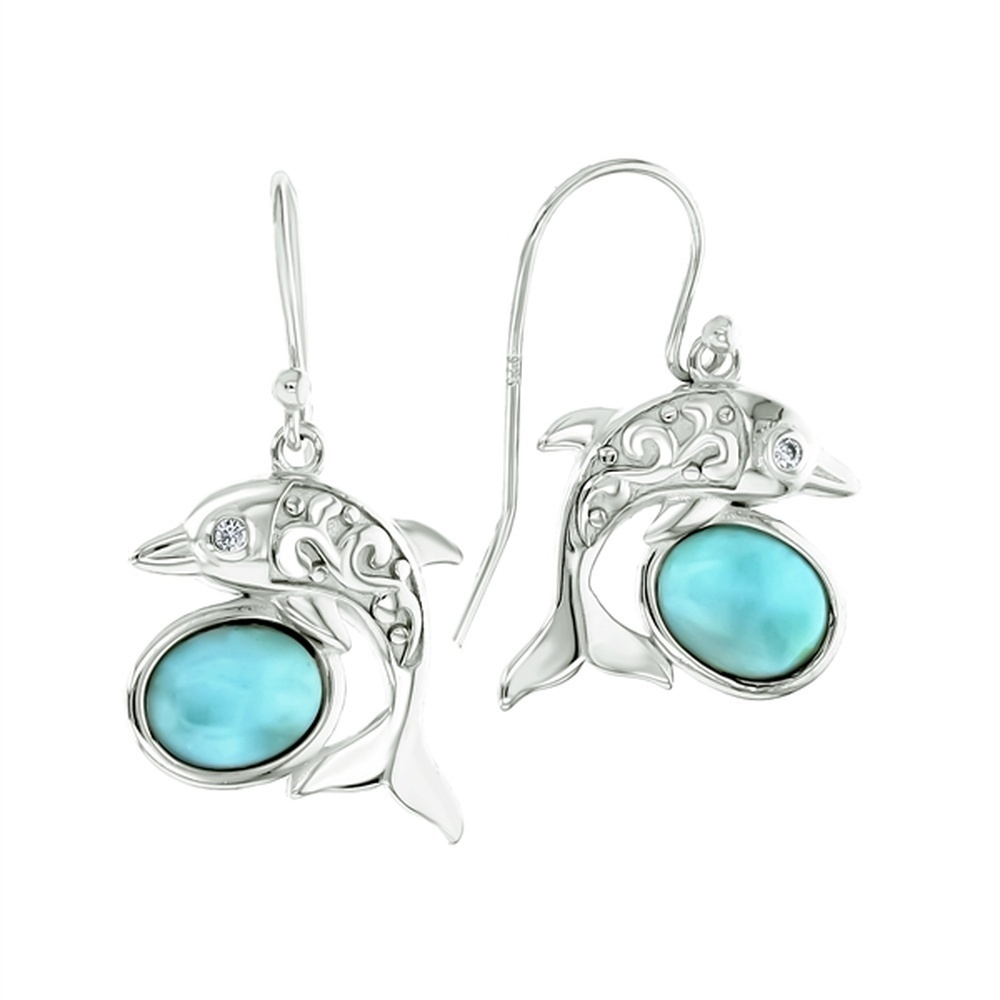 925 Sterling Silver Larimar Oval Shape w Scroll Design Dolphin CZ Wire Earrings